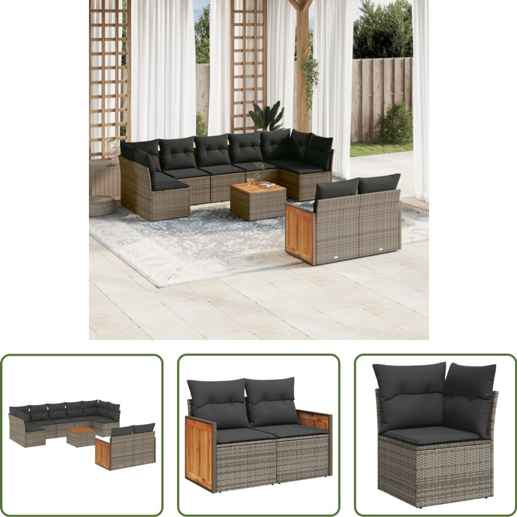 The Living Store 10-tlg. Garten-Sofagarnitur mit Kissen Grau Poly Rattan