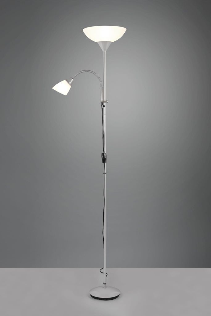 A floor lamp with two lights against a plain gray background.