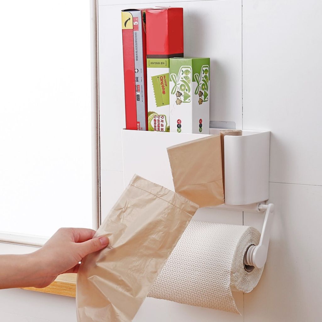 CRELIV Küchenrollenhalter » Selbstklebend, Küchenaufbewahrung mit 2x Aufbewahrungsfäche« ( 1x für Abfallsäcke, 1x für Backpapier, Alufolie,...