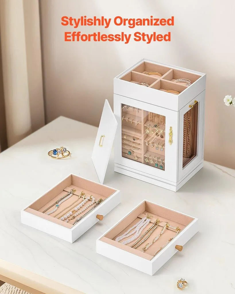 HENGBIRD Organizer Per Gioielli Girevole 360° A 4 Strati: Portagioie Rotondo Compatto Da Viaggio In Rosa, Per Ragazze E Donne - 3