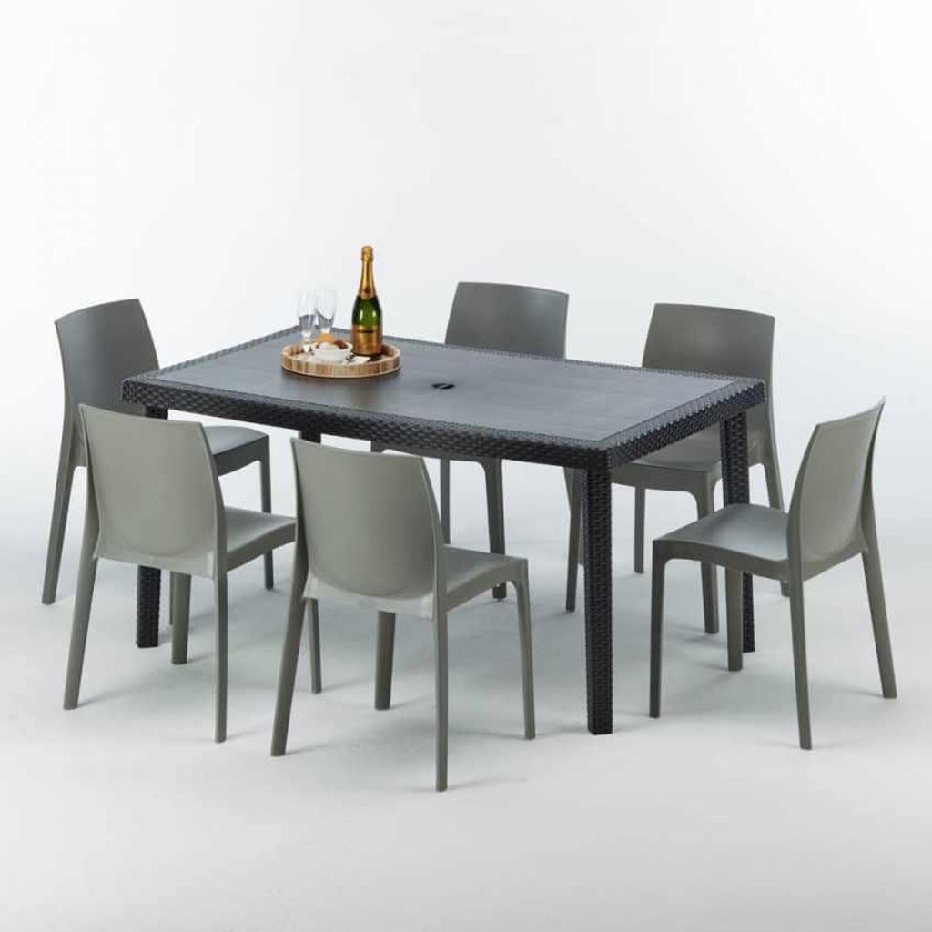 Poly Rattan Tisch Rechteckig mit 6 Bunten Polyrattan Stühlen 150x90 Schwarz
