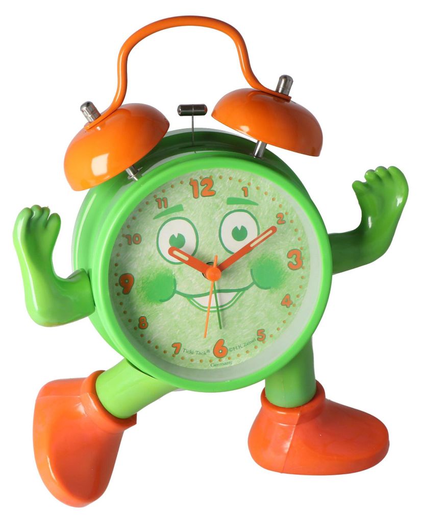 A cartoon-like alarm clock with arms and legs, standing on a white background.