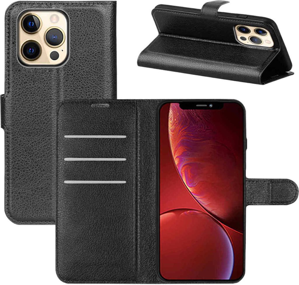 Für Apple iPhone 13 Pro Handy Tasche Schwarz Etui Kunst-Leder Hülle Schutz Case
