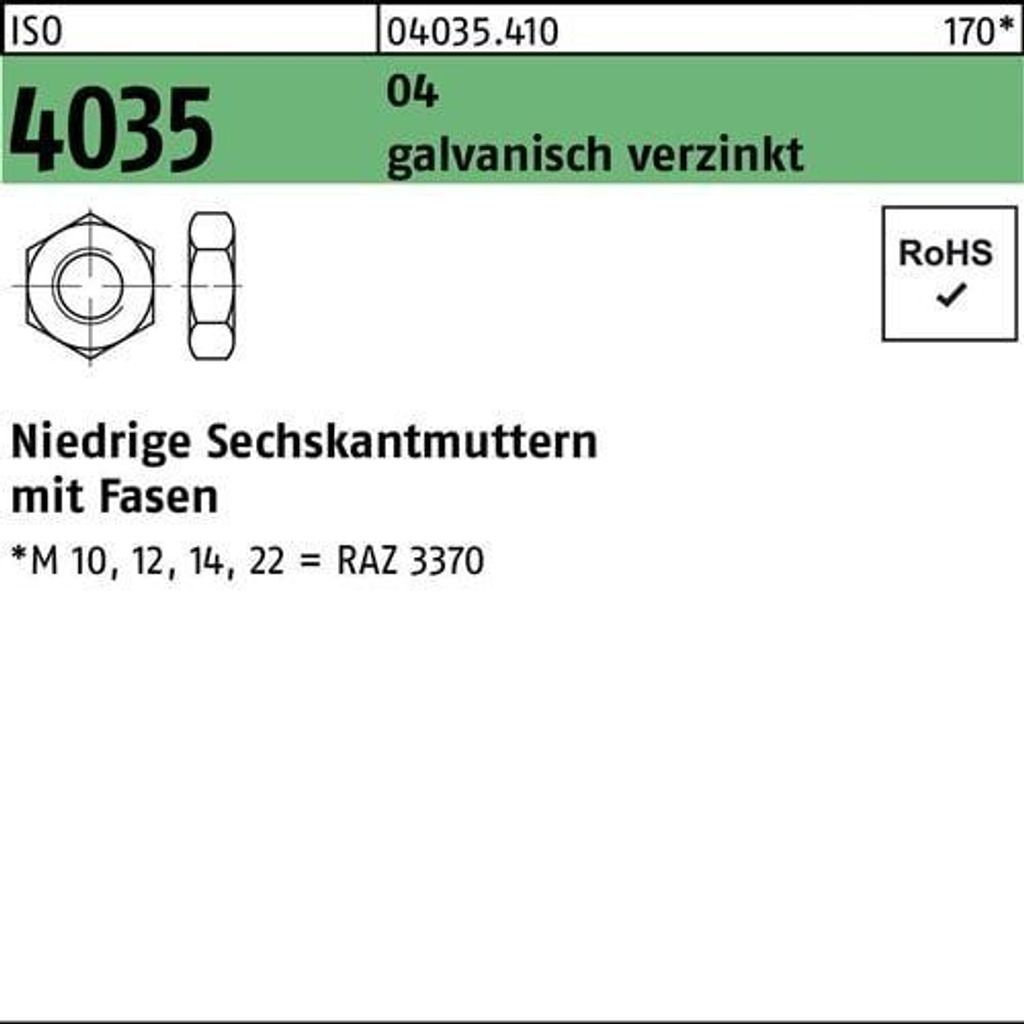 Sechskantmutter ISO 4035 niedrig m.Fasen M 14 Automatenstahl galvanisch verzinkt