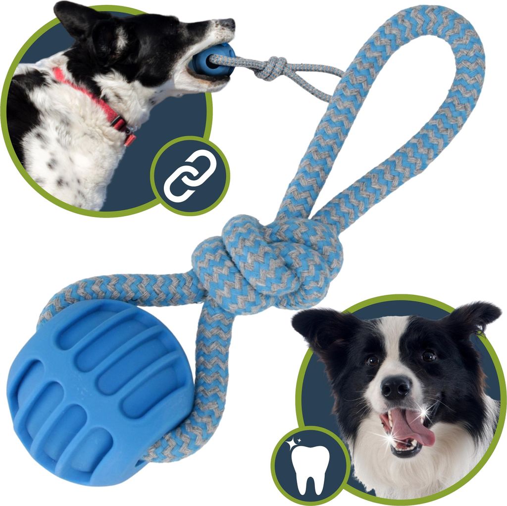 Zerrspielzeug BAUMWOLL mit Ball für Hunde, 3in1 SPIELZEUG ZUM APPORTIEREN, ZIEHEN, KAUEN 20 cm