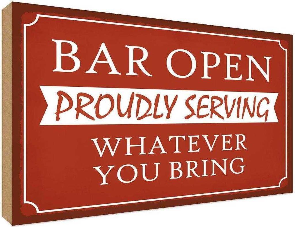vianmo Holzschild 12x18 cm Bar open proudly serving Essen Trinken