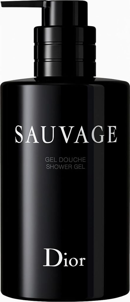 A black bottle of Dior Sauvage shower gel with white text.