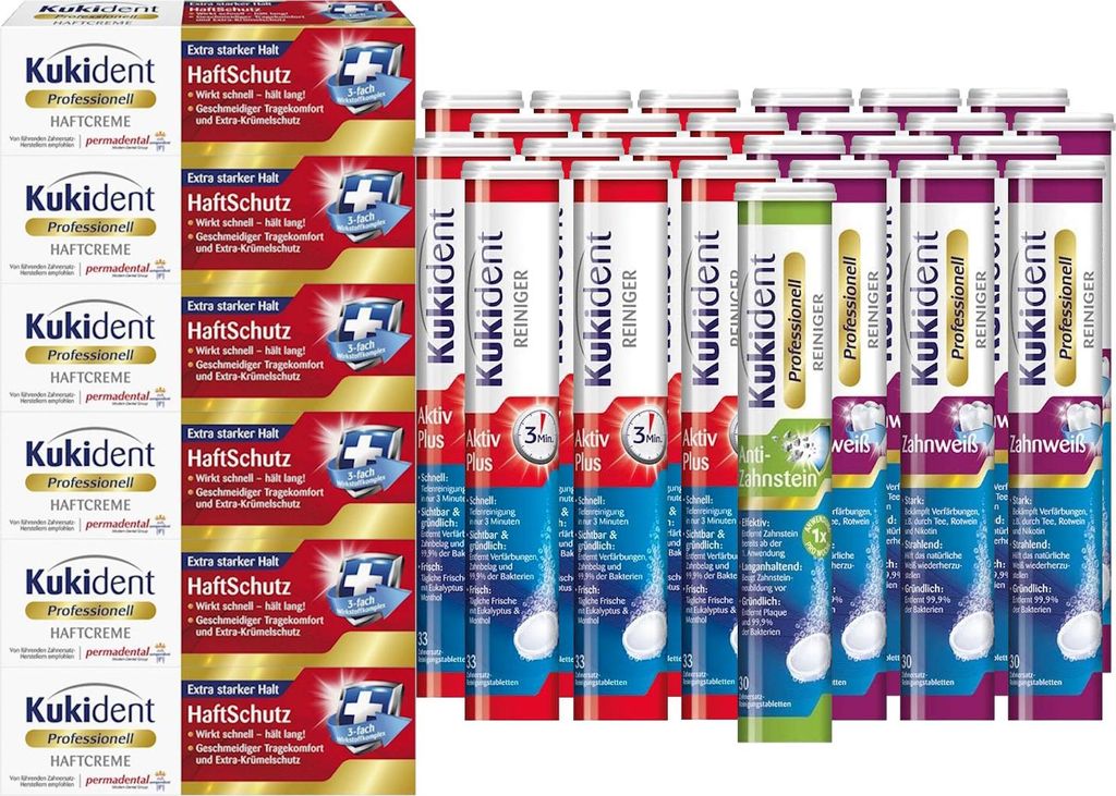 Kukident Set: Anti-Zahnstein 1x30 Tabs, Zahnweiß 12x30 Tabs, Aktiv Plus 12x33 Tabs, Haftcreme 6x40g