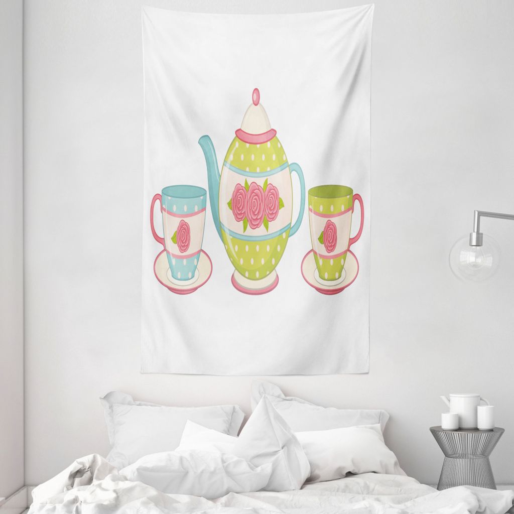 ABAKUHAUS Tee Wandteppich und Tagesdecke, Klassisches Porzellan Blumen Teekanne aus Weiches Mikrofaser Stoff Waschbar ohne Verblassen Digitaldruck,...