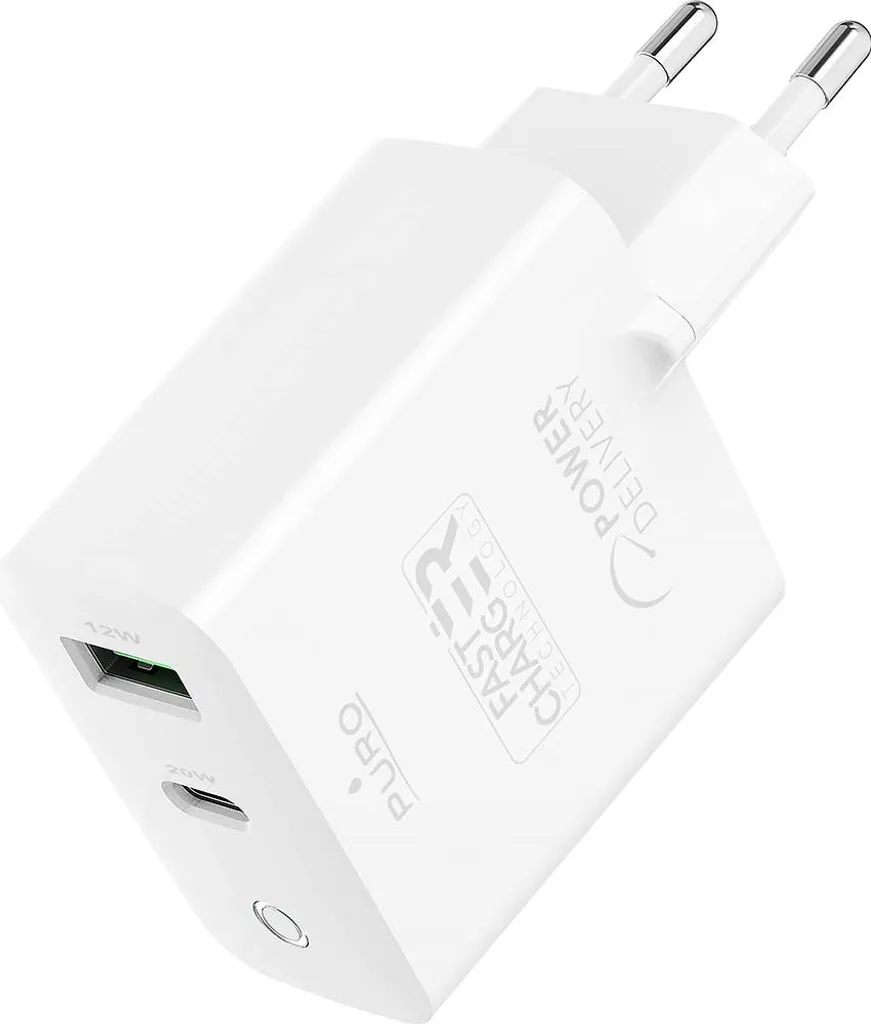 Chargeur secteur double port USB C et USB A 32W Puro Coloris Blanc