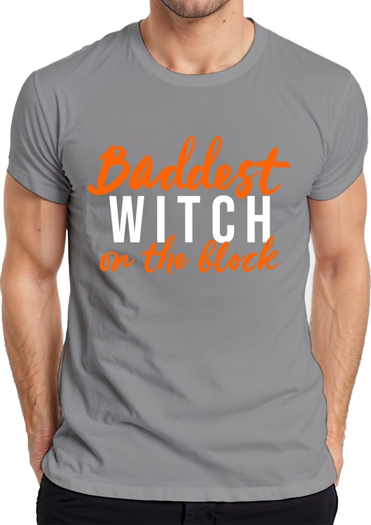 Baddest WITCH on the block Halloween Hexe Spruch Frau Geschenk Herren T-Shirt, Grau, L