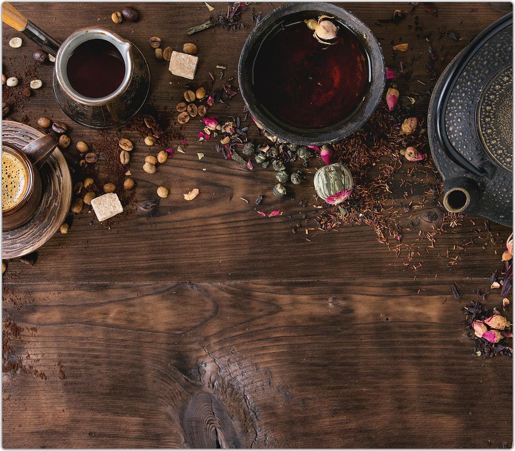 Spritzschutz Herdabdeckplatte Schneidebrett aus Glas Kaffee und Tee auf Tisch 1-Teilig (60x52cm)