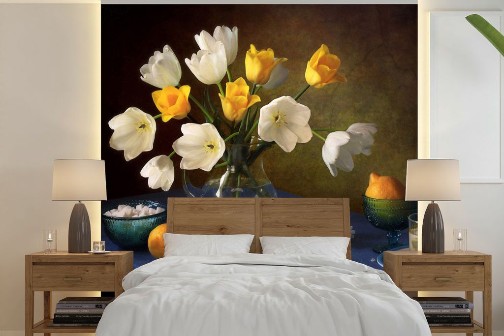 MuchoWow Fototapete für Wohnzimmer oder Schlafzimmer Wandtapete Vinyl Motivtapete Stilleben - Vase - Obst - 220x220 cm - Tapeten
