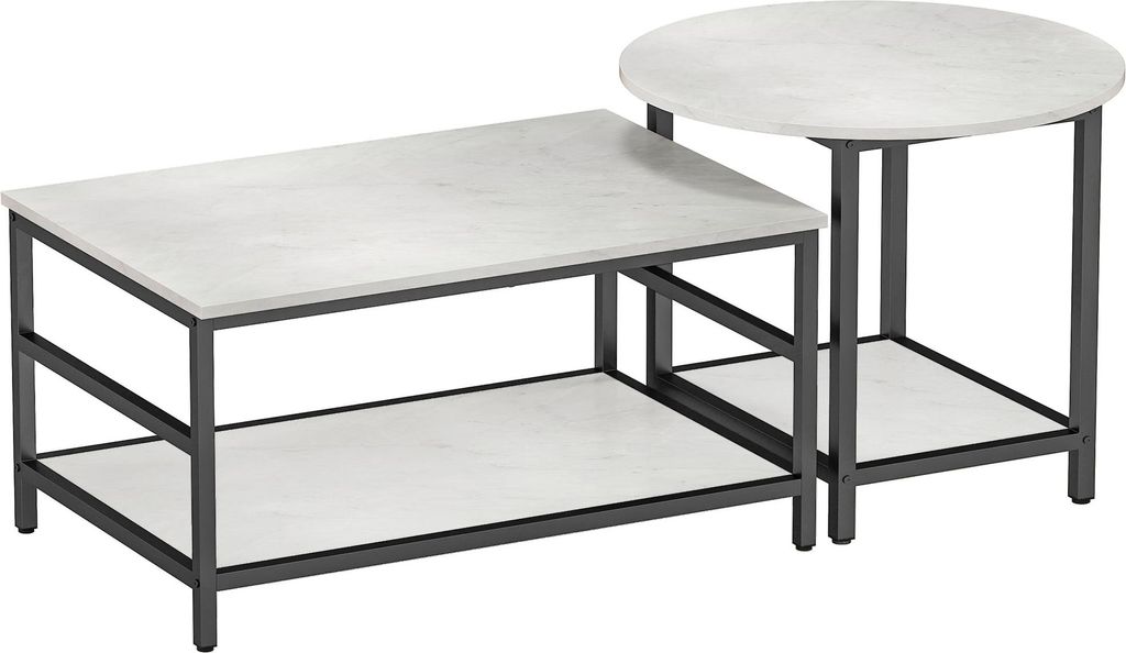 Couchtisch-Set, 2 Beistelltische, Marmoroptik, verstellbare Füße, Stahl, Schwarz/Weiß