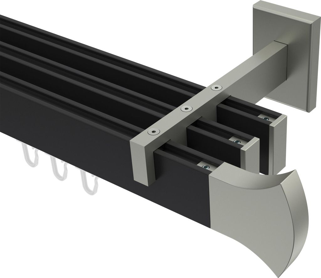 Interdeco Innenlaufstange / Gardinenstange mit Innenlauf Schwarz / Edelstahl-Optik, Typ Smartline Conex (Rundung), 14x35 mm 3-läufig, 180 cm