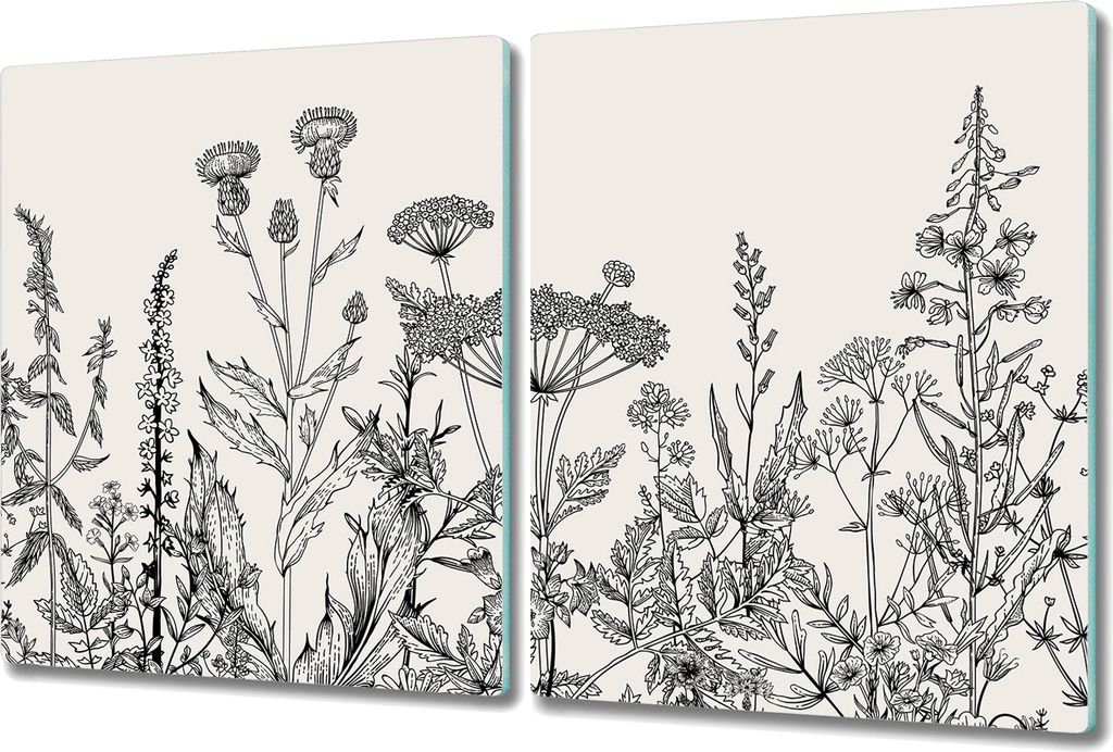 Glas-Herdabdeckplatte Glaskeramikkochfeld-Abdeckung Spritzschutz - 2x 40x52 cm - Blumen weiße Kontur