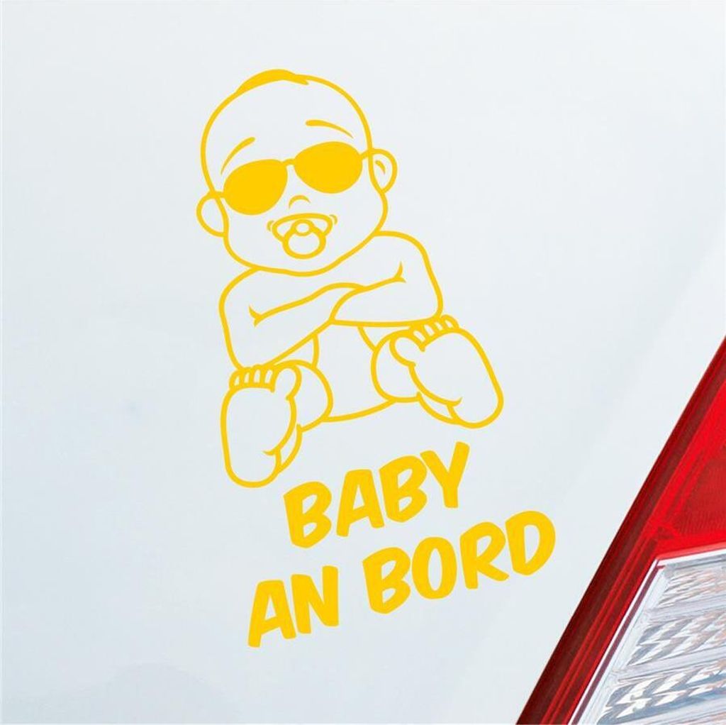 Auto Aufkleber Baby an Bord on Tour Junge mit Sonnenbrille 17x17 cm Gelb Sticker Heckscheibenaufkleber