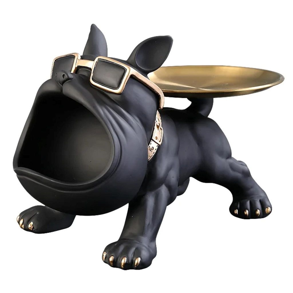 Bulldogge Figur Hund Skulptur 30 cm Schwarz l Deko Statue mit Aufbewahrungsbox – Tier Ornament Harz Kunstfigur für Wohnzimmer Büro Regal Gesche...