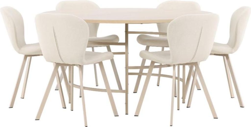 Copenhagen Essgruppe Tisch Ø140cm und 6 Stühle whitewash, beige.