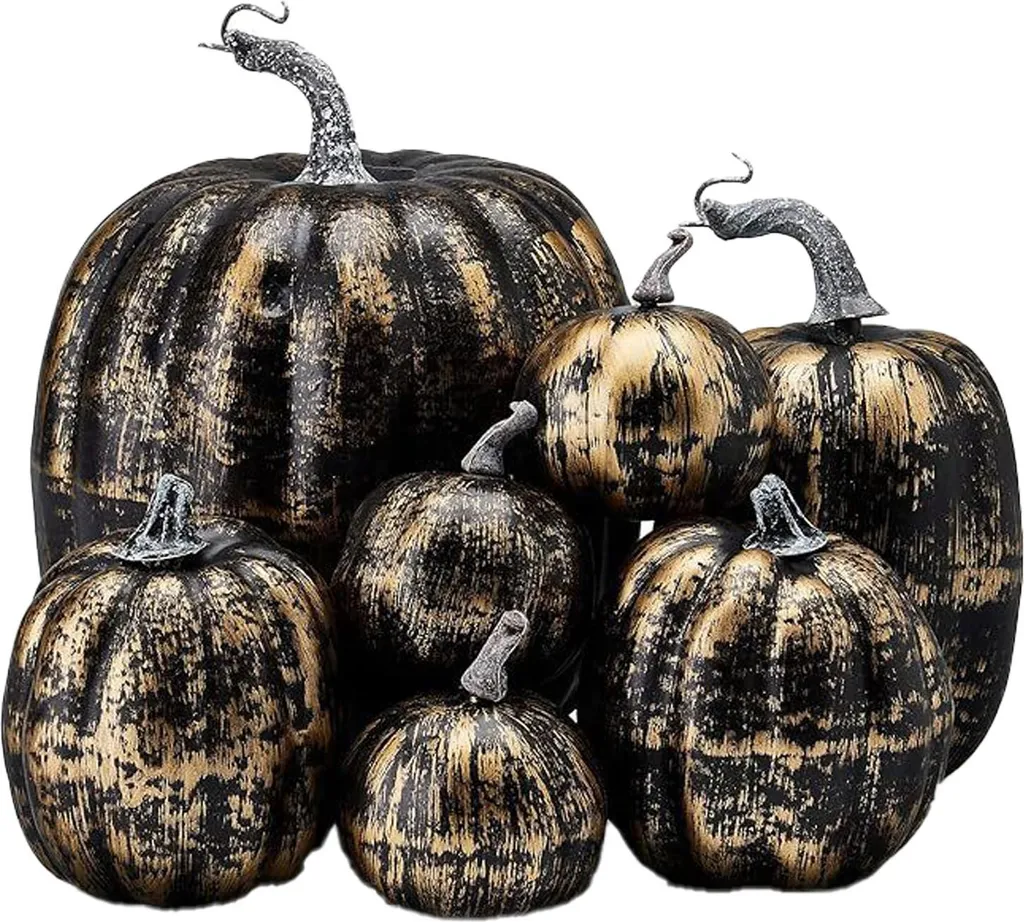 7 pezzi decorazione zucca, lucida e leggera, schiuma, riutilizzabile, per decorazione tavola autunno, foto, nero-oro - 1