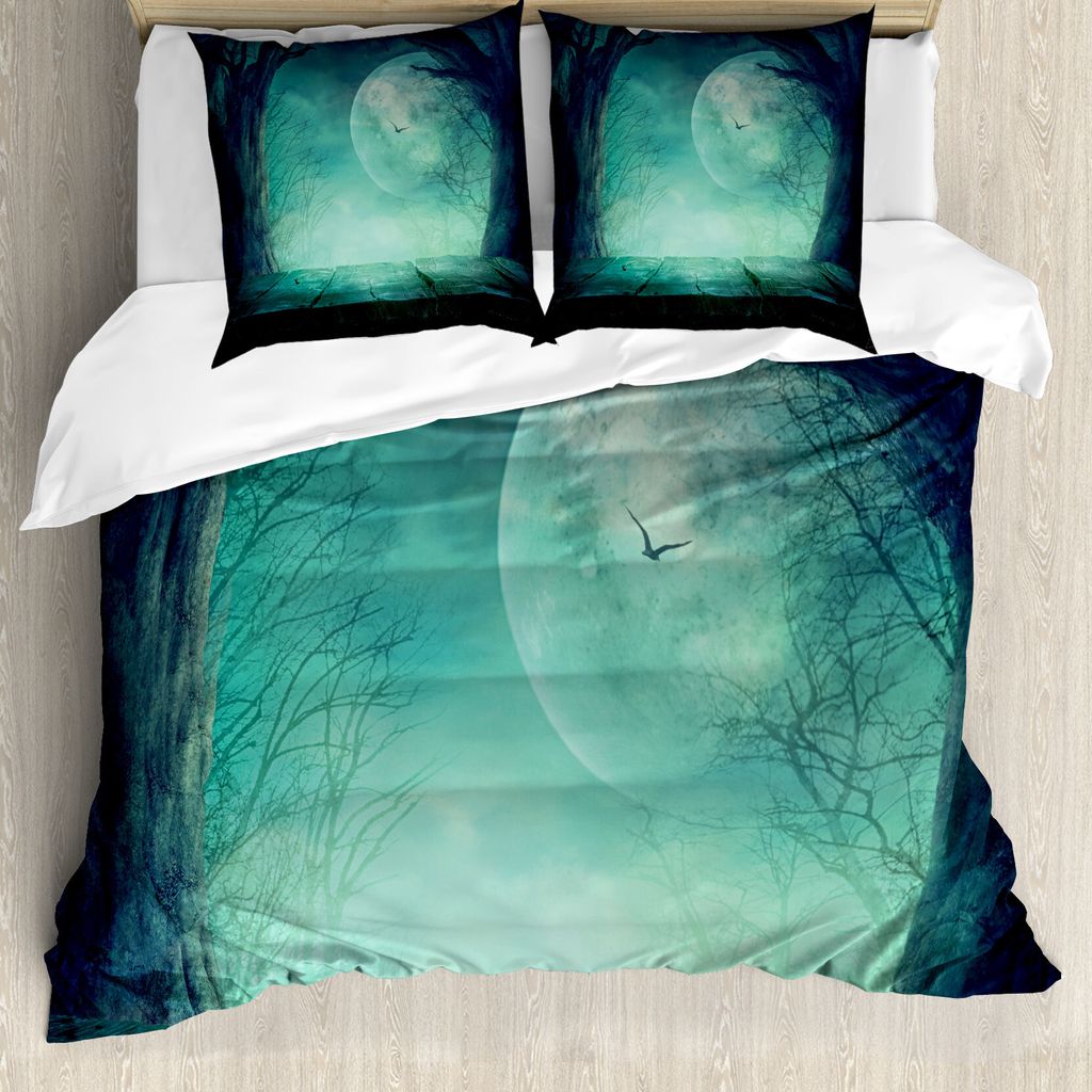 ABAKUHAUS Halloween Bettbezug, Spooky Wald Halloween, Milbensicher Allergiker geeignet mit Kissenbezügen, 155 cm x 220 cm - 80 x 80 cm, Teal