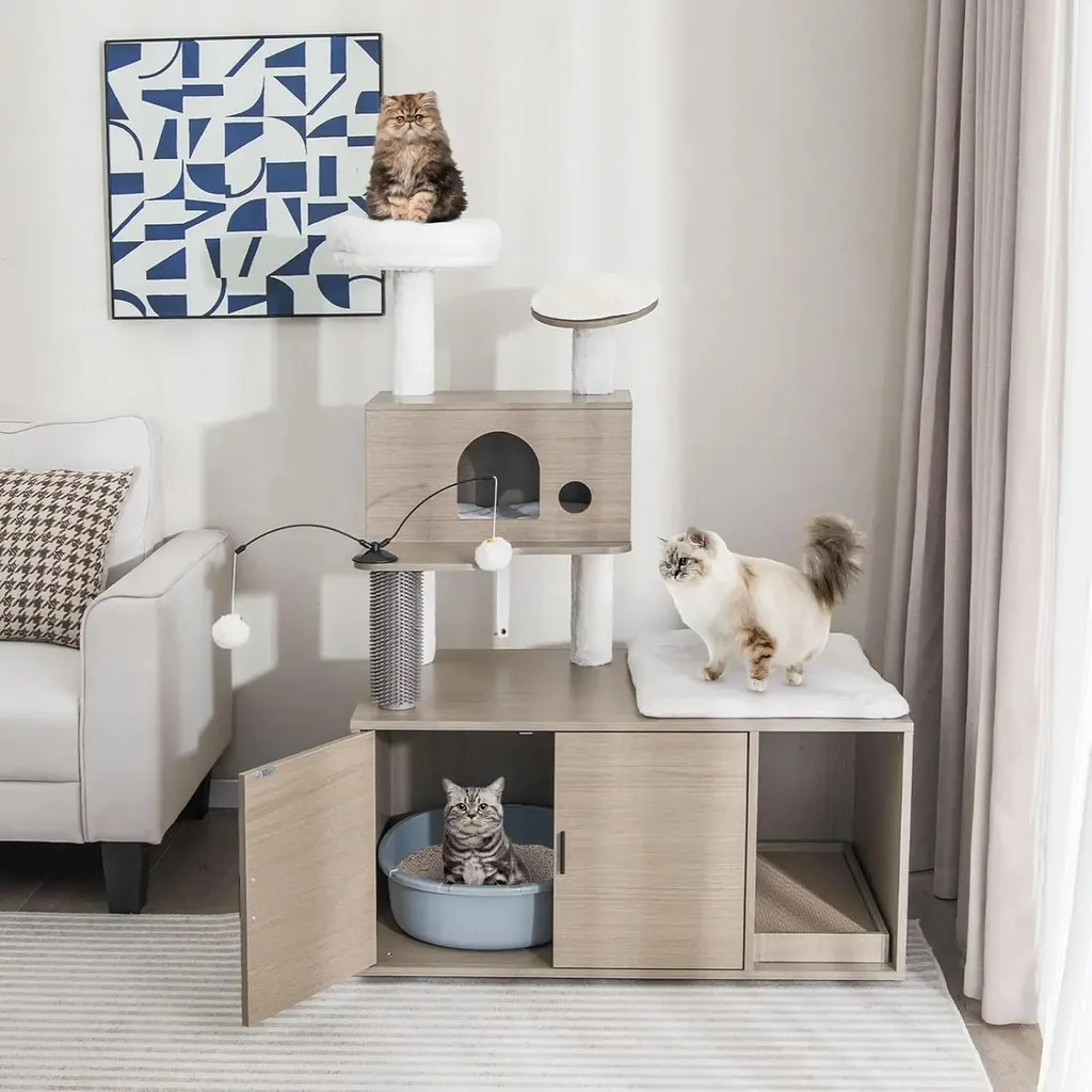 Arbre à chat en bois 132 cm avec colonnes en sisal et panier douillet gris