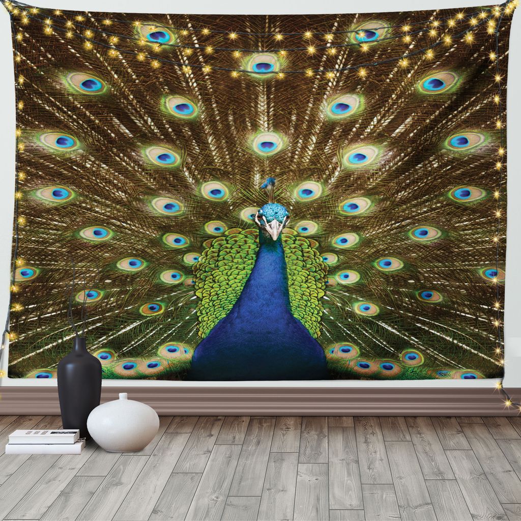 ABAKUHAUS Bunt Wandteppich, Pfau mit Federn, Wohnzimmer Schlafzimmer Heim Seidiges Satin Wandteppich, 200 x 150 cm, Grün braun Marineblau