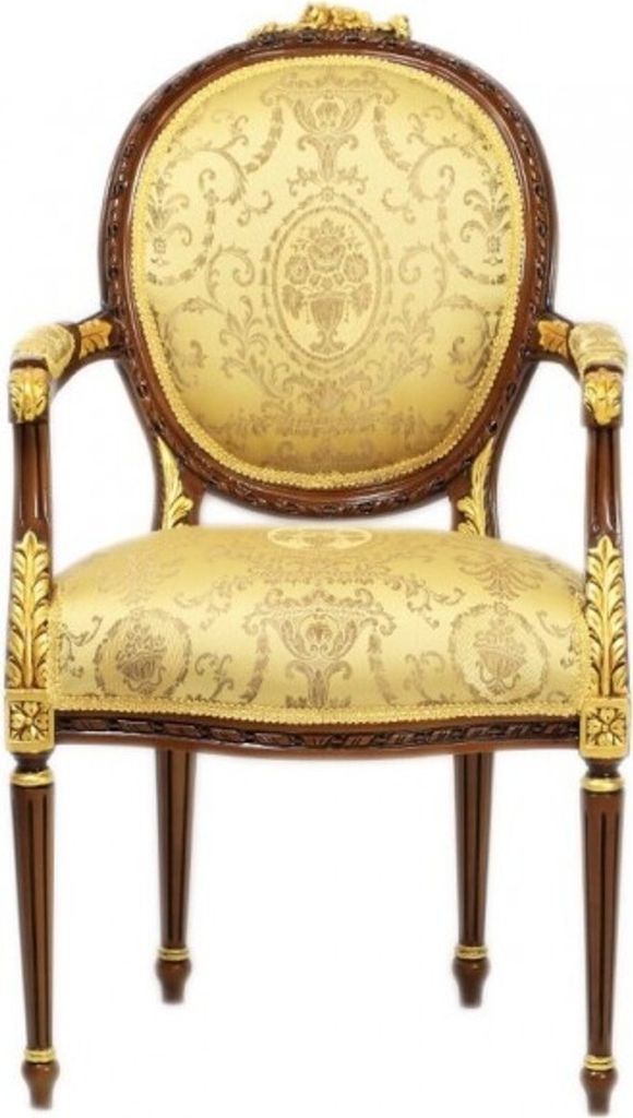 Casa Padrino Luxus Barock Esszimmer Stuhl mit Armlehnen Ludwig XV Gold Muster / Mahagoni Braun - Möbel