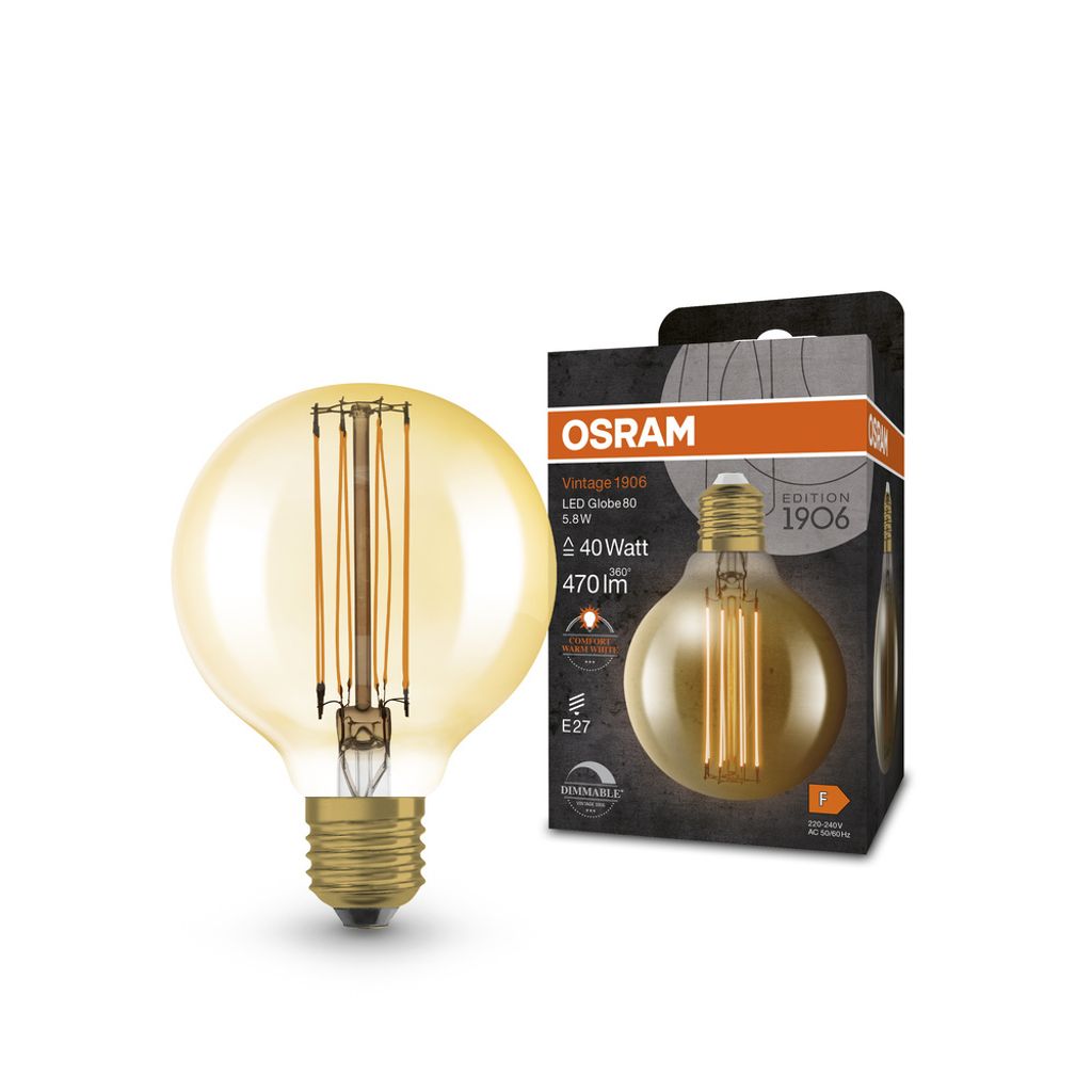 OSRAM Vintage 1906 LED CLASSIC SLIM Filament Globe 5.8W 822 Gold E27 Lampe 470lm 2200K warmweiss wie 40W dimmbar 4099854090844