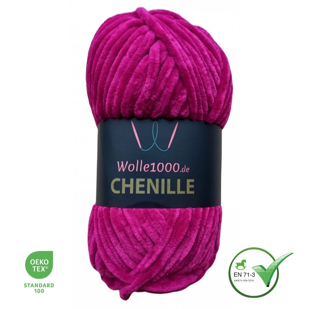 A ball of fuchsia chenille yarn on a white background.