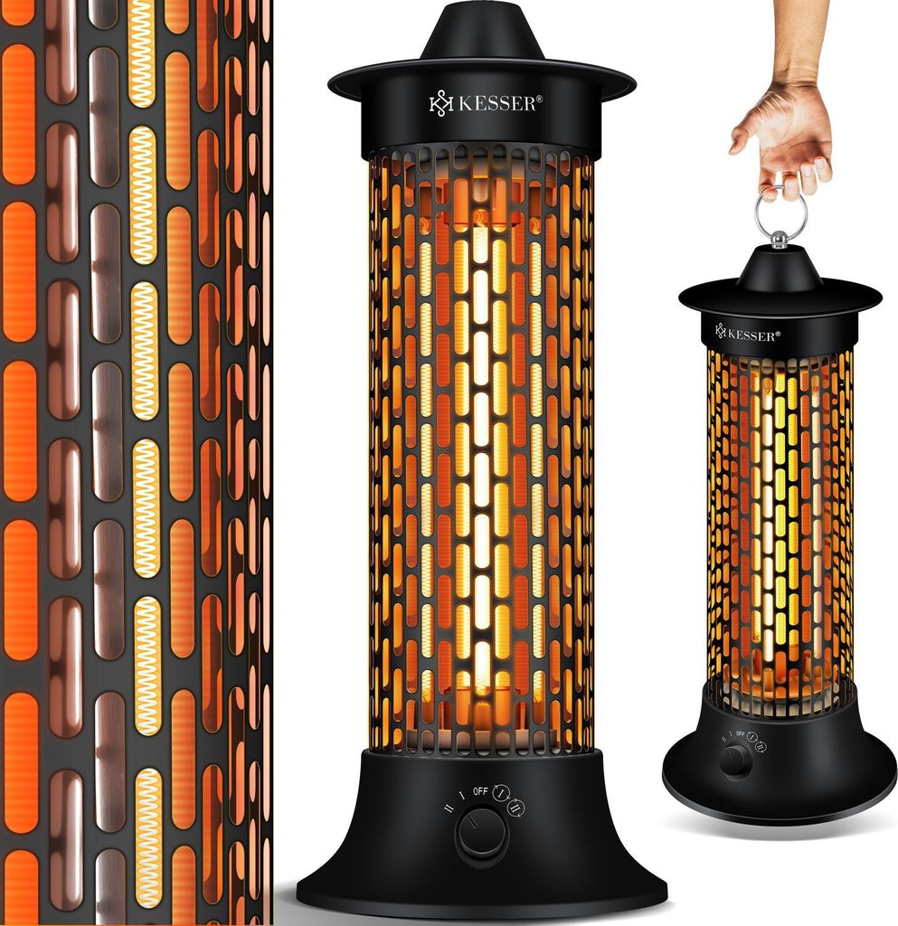 A collage of product images showing a black cylindrical heater with an orange and yellow glowing heating element, and a hand holding the heater by a handle.