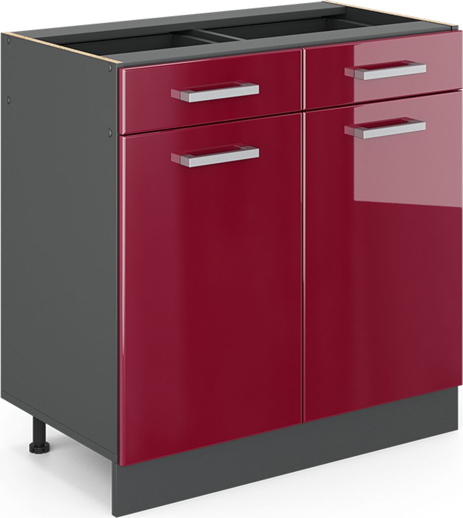 A kitchen base cabinet with red high-gloss doors and drawers, set against a white background.
