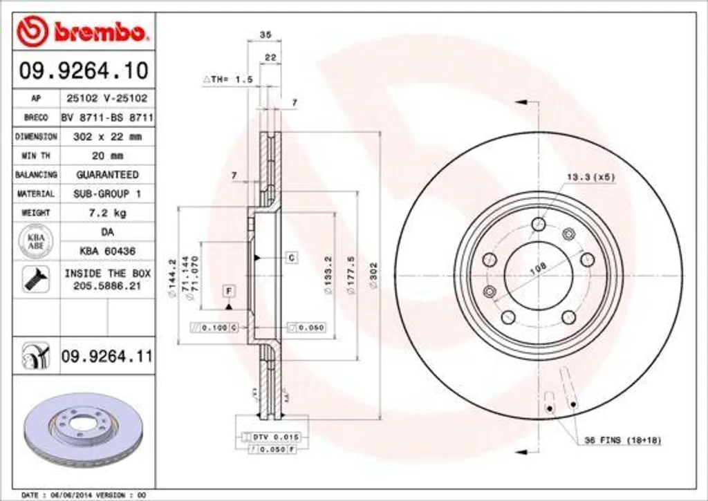 Disque de frein Brembo 09.9264.11 pour C6 (TD) - Remplacement OE 1667857380