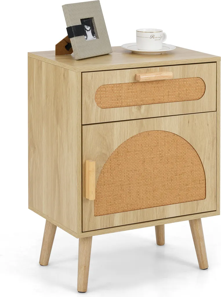 COSTWAY Table de nuit en rotin avec tiroir et armoire de style boho chic