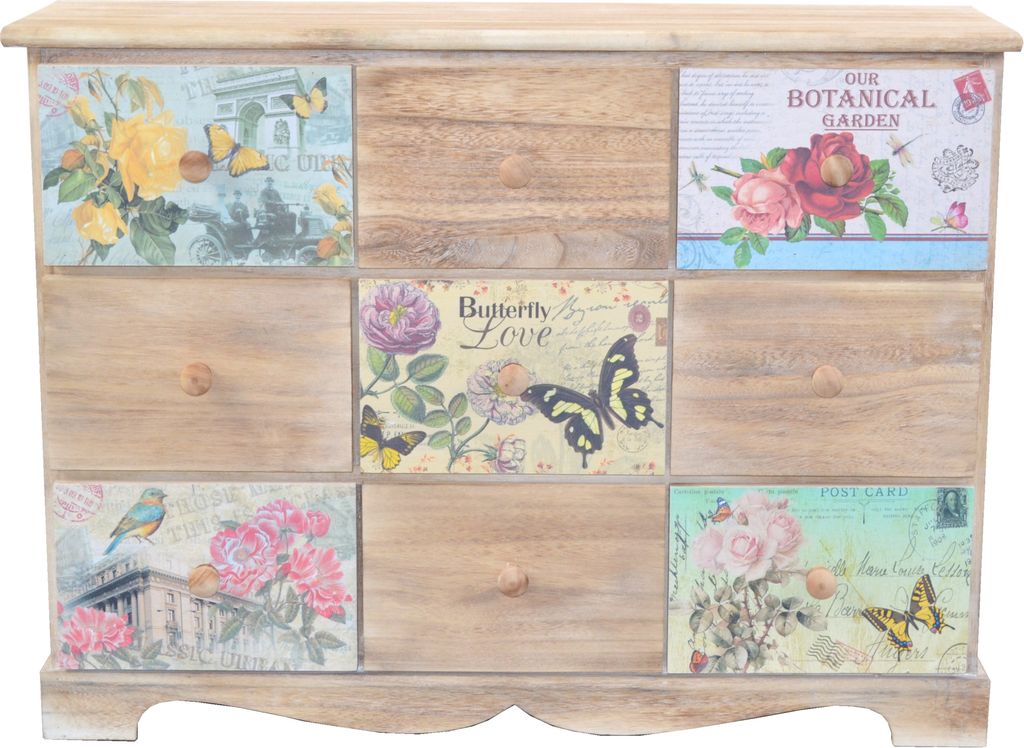 A wooden chest of drawers with decorative panels on each drawer.