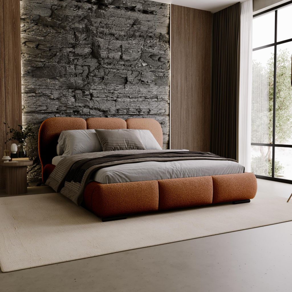 Chilly Modern Polsterbett Savona Ziegelrot 200×200 – Bouclé Stoff, mit Stauraum & Lattenrost Metallrahmen