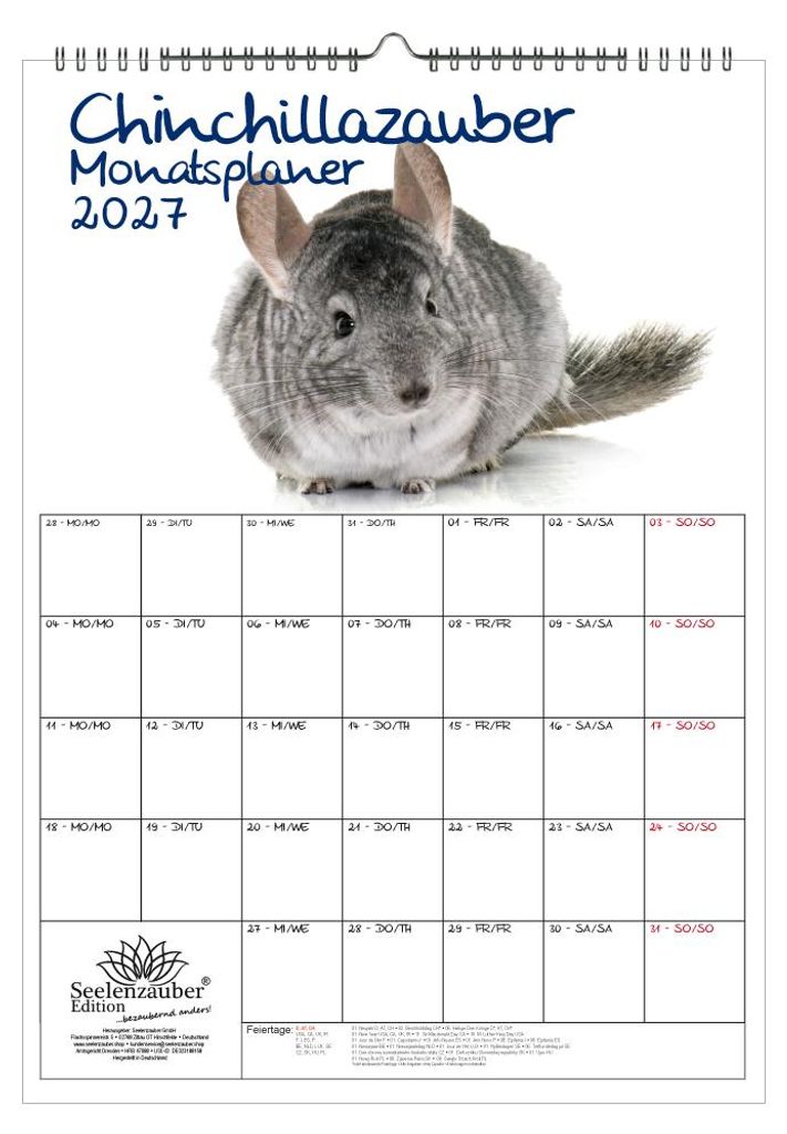 Chinchillazauber Planer DIN A3 Kalender für 2027 Chinchilla - Geschenkset Inhalt: 1x Kalender, 1x Weihnachtsanhänger (insgesamt 2 Teile)