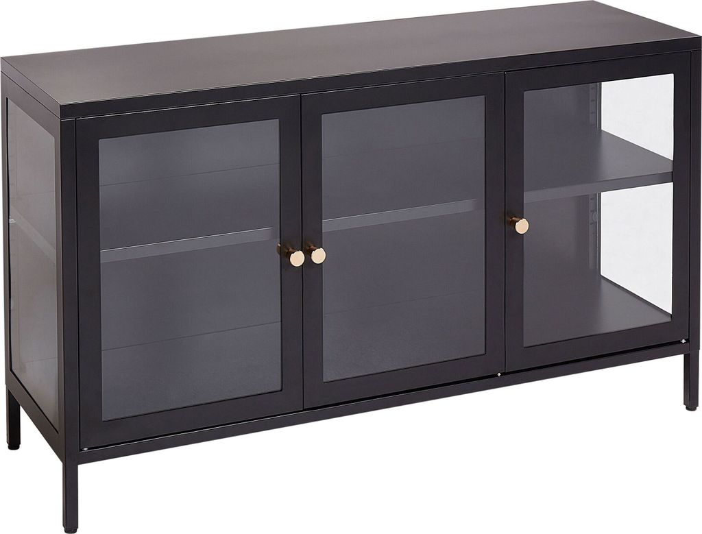 BELIANI Metallschrank Schwarz Stahl mit Glasfront 35 x 115 x 65 cm Sideboard mit Griffen 3 Türen 2 Regalböden Wohnzimmer Büro Arbeitszimmer Flur...