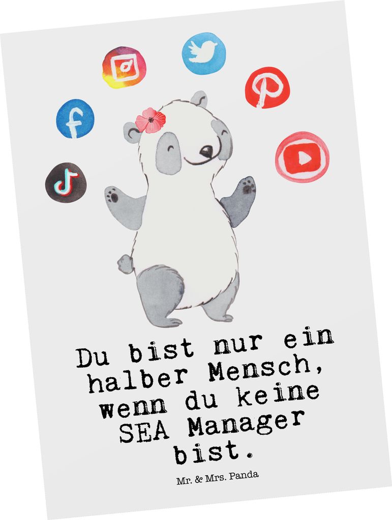 Mr. & Mrs. Panda Postkarte SEA Manager Herz - Weiß - Geschenk, Ansichtskarten, Postkarten, Suchmaschinenwerbung, Suchmaschinenmarketing, Ansichtsk...