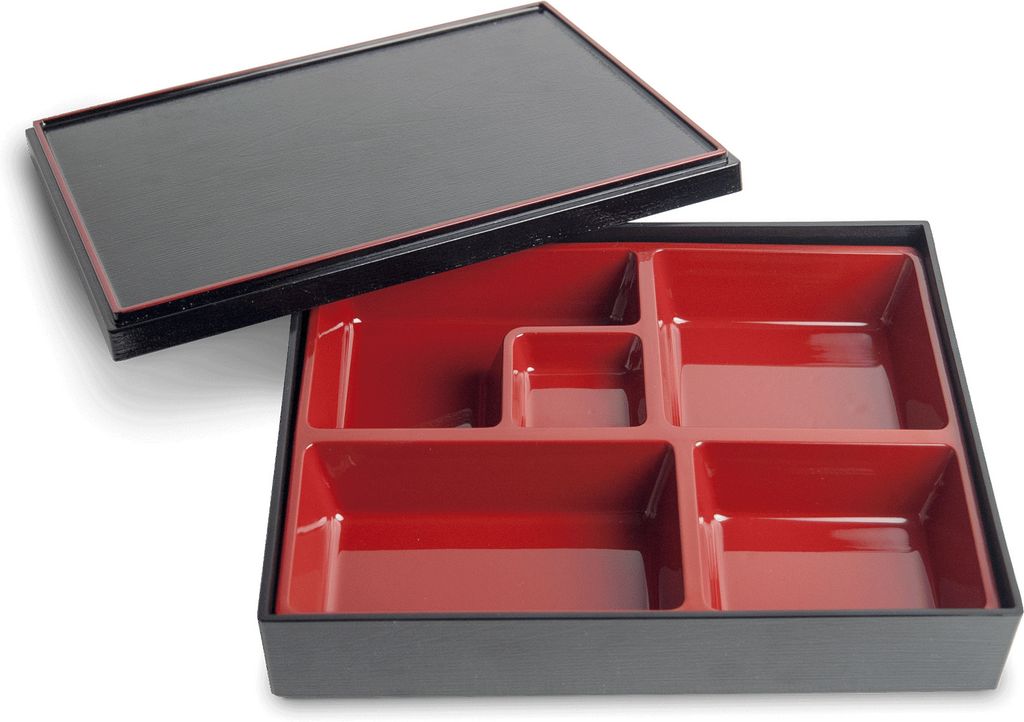 Schwarze Bento Lunch Box mit 4 Fächern | Obento | Bento Bako | Holzoptik | Saucenfach rot