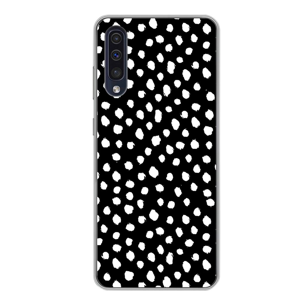 MuchoWow Handyhülle Schutzhülle Hülle für Samsung Galaxy A50 Polka dots - Schwarz - Weiß Silikon Softcase Handy Hülle - Mobiltelefonhülle