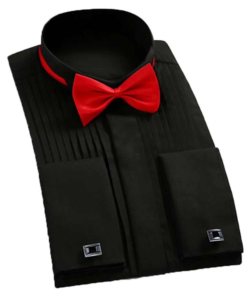 Chemise de cérémonie noire plissée pour homme avec nœud papillon T41