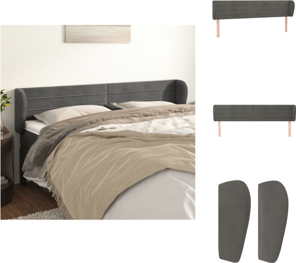 vidaXL Kopfteil mit Ohren Dunkelgrau 203x23x78/88 cm Samt - Kopf- & Fußenden