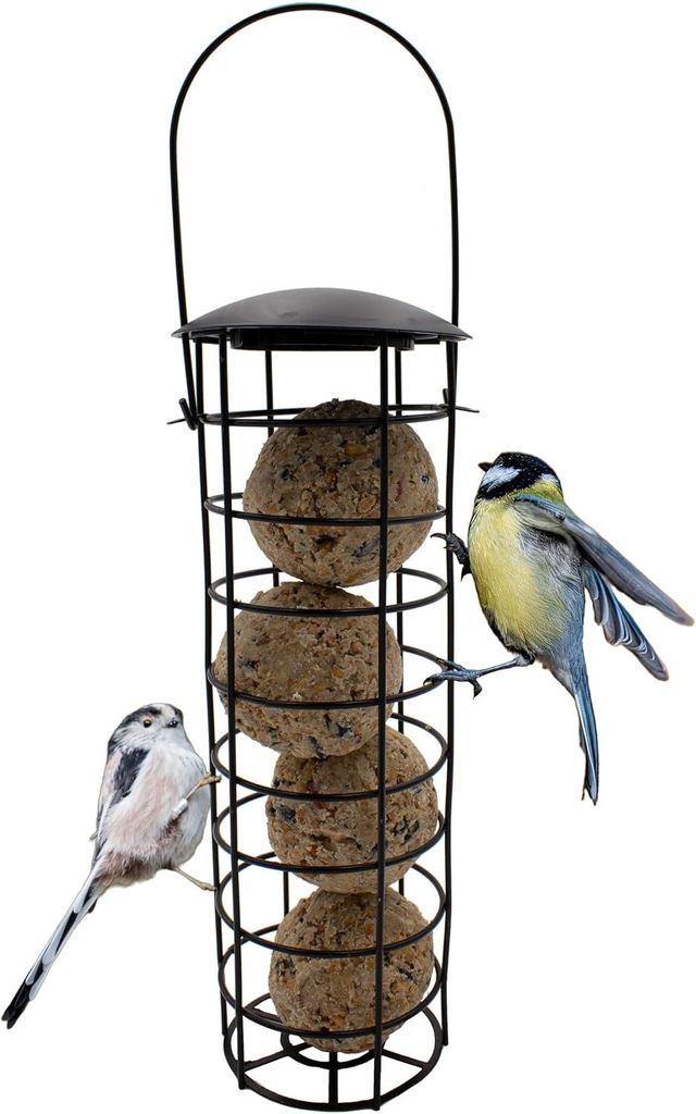 mucHome Meisenknödelhalter zum Aufhängen, Futterspender mit Dach für Wildvögel, Futtersäule für Meisenknödel, Eisen, Höhe 31 cm, schwarz