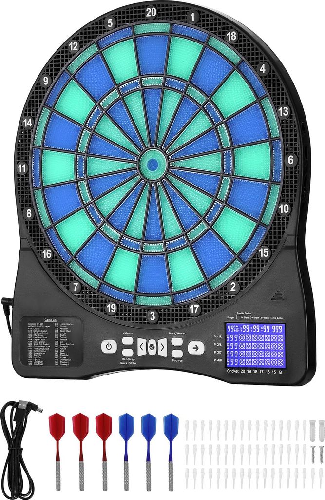 SucceBuy Elektronische Dartscheibe mit LED-Beleuchtung, 48 Spielmodi & 500 Varianten, inkl. 6 Darts mit Flights & 50 Ersatzspitzen, LCD-Anzeige mit...