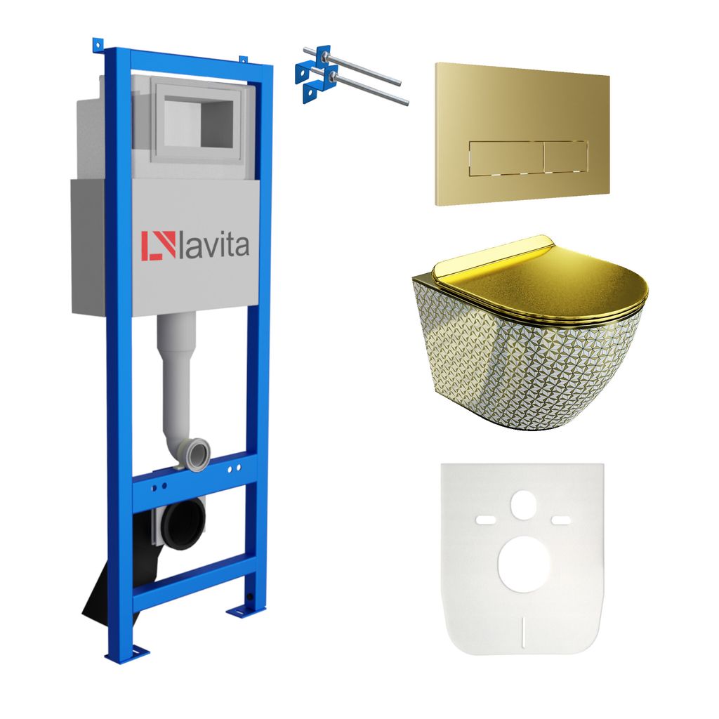 Lavita LAV 101 Vorwandelement für WC 40cm + Wand Hänge Tiefspül WC SOFI SLIM GOLDEN NEVER DIE Spülrandlos + Bedienplatte LAV 200.3.5 Gold | Kom...