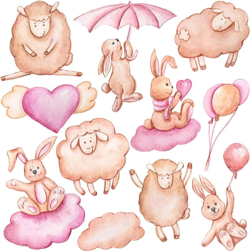 Schafe Lämmer und Kaninchen– Wanddekor Kinderzimmer – Selbstklebende Wandsticker – Motivtapeten Set – Wandgestaltung – Wandbilder Kinder...