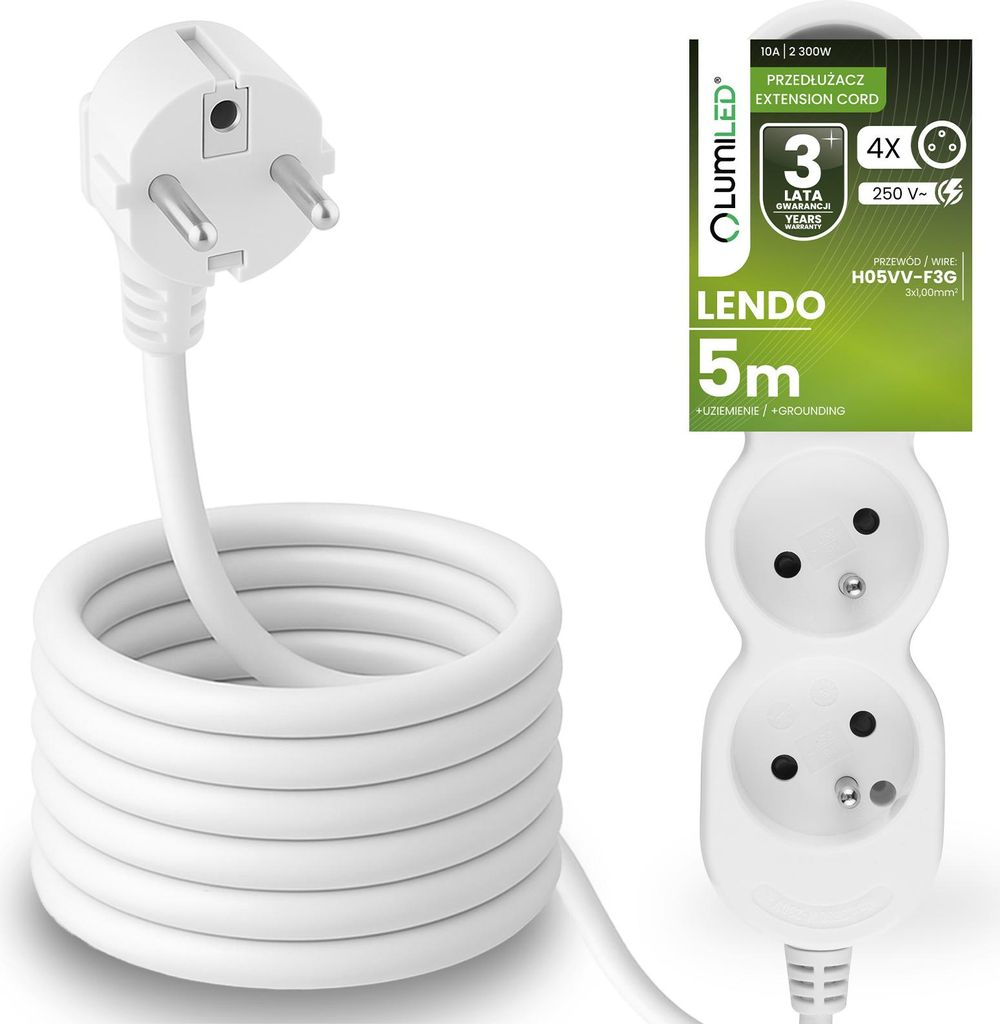 LUMILED Steckdosenleiste 4-Fach Steckdose Typ E, 5m Kabel H05VV-F3G, Weiß, Mehrfachsteckdose E Stecker 10A 2300W 250V IP20 Halterung zum Aufhängen