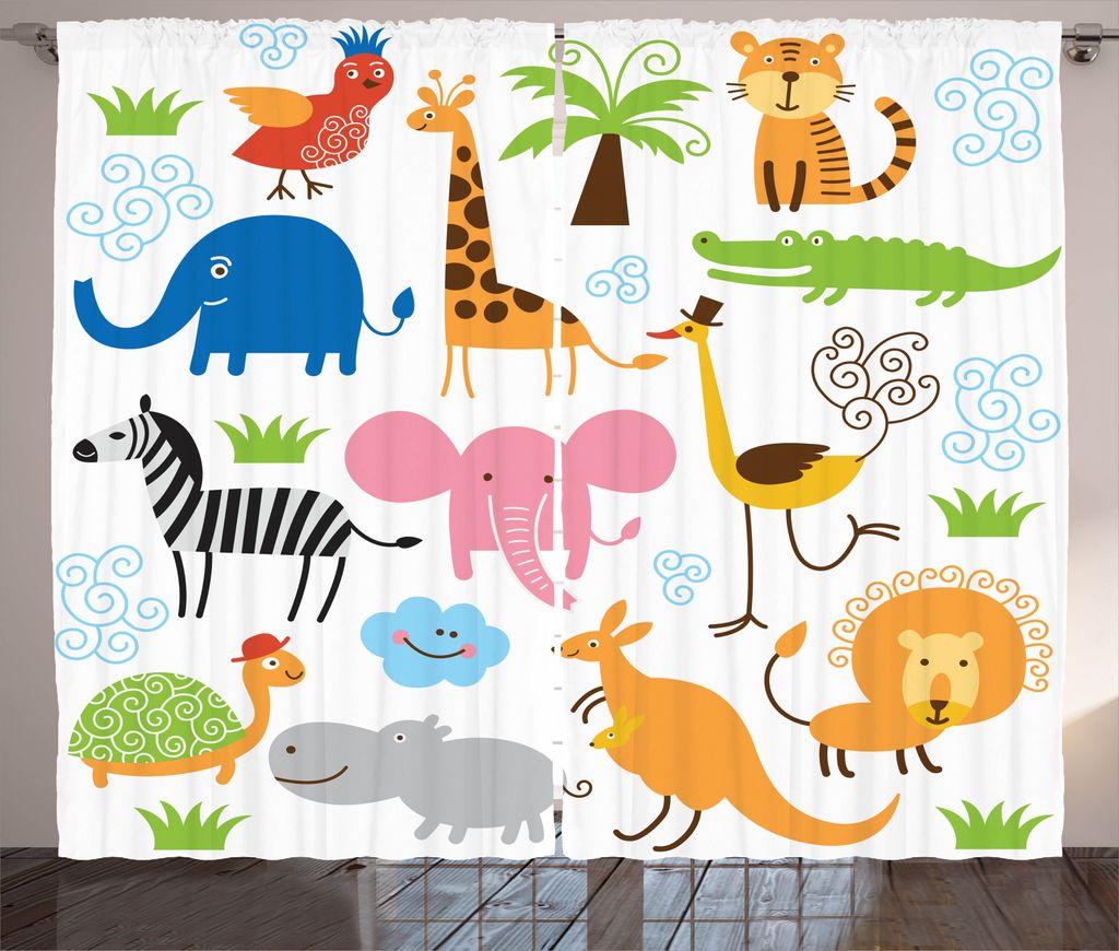 ABAKUHAUS Tier Rustikaler Vorhang, Safari Giraffe Elefant, Wohnzimmer Universalband Gardinen mit Schlaufen und Haken, 280 x 245 cm, Mehrfarbig
