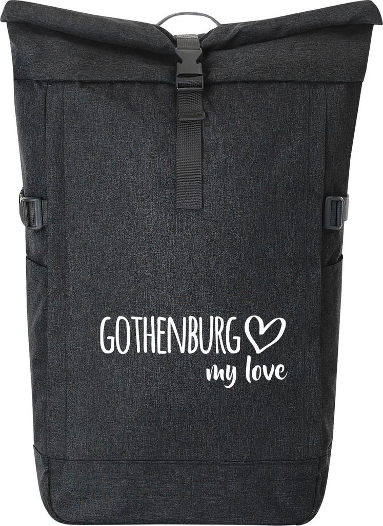 Huuraa Kurierrucksack Gothenburg my love 30-44 Liter Black Melange Fairtrade Rolltop Rucksack Geschenkidee